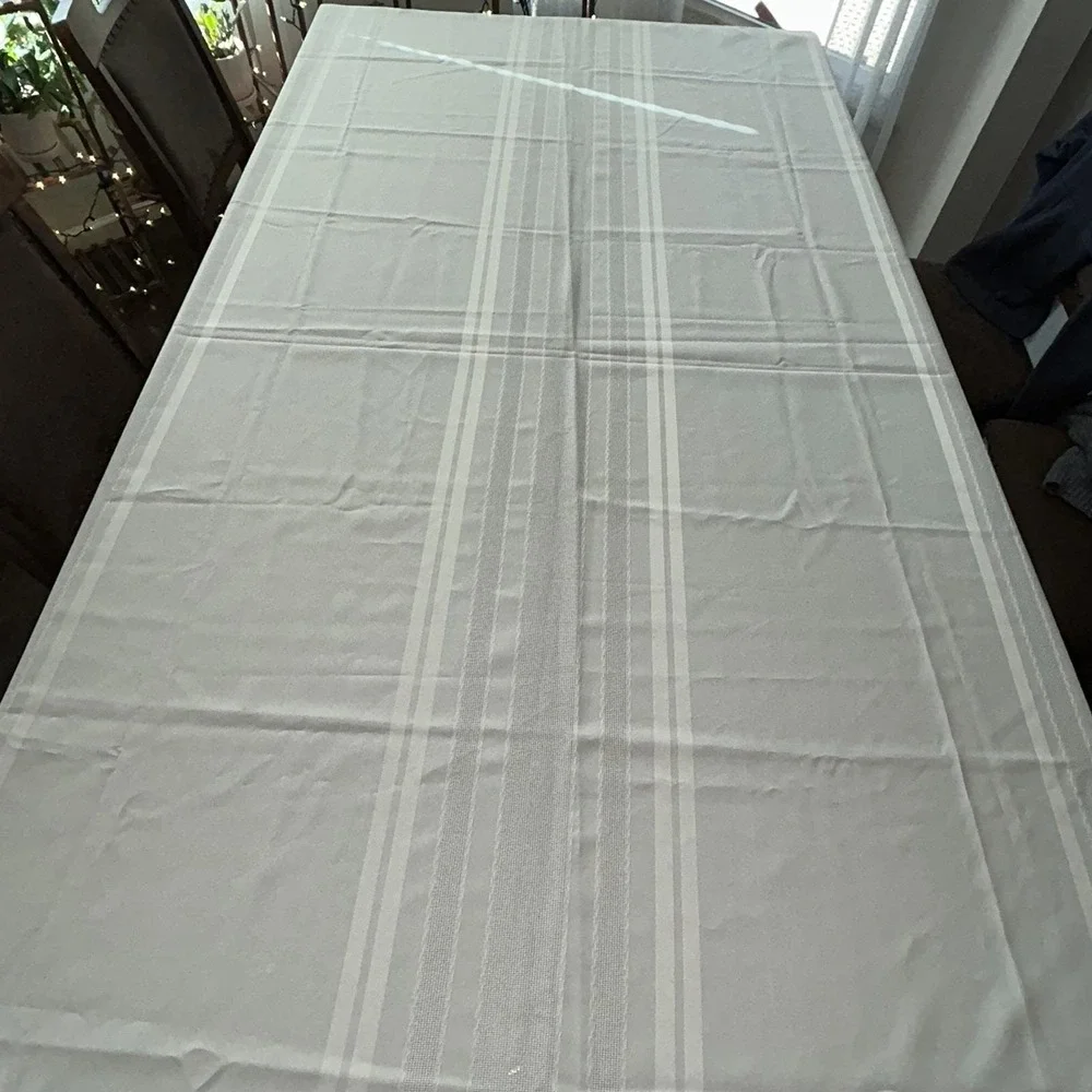 Vintage Cream Ivory Damask Stripe Tablecloth Mid-Century Rectangle 60x84